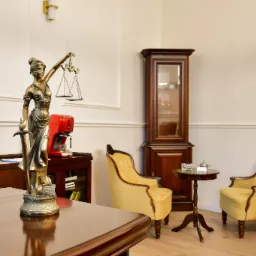 Statuetka Temidy na biurku w kancelarii, w tle krzesła, kredens z ekspozycją i czerwony ekspres do kawy. Eleganckie wnętrze, ciepłe światło.