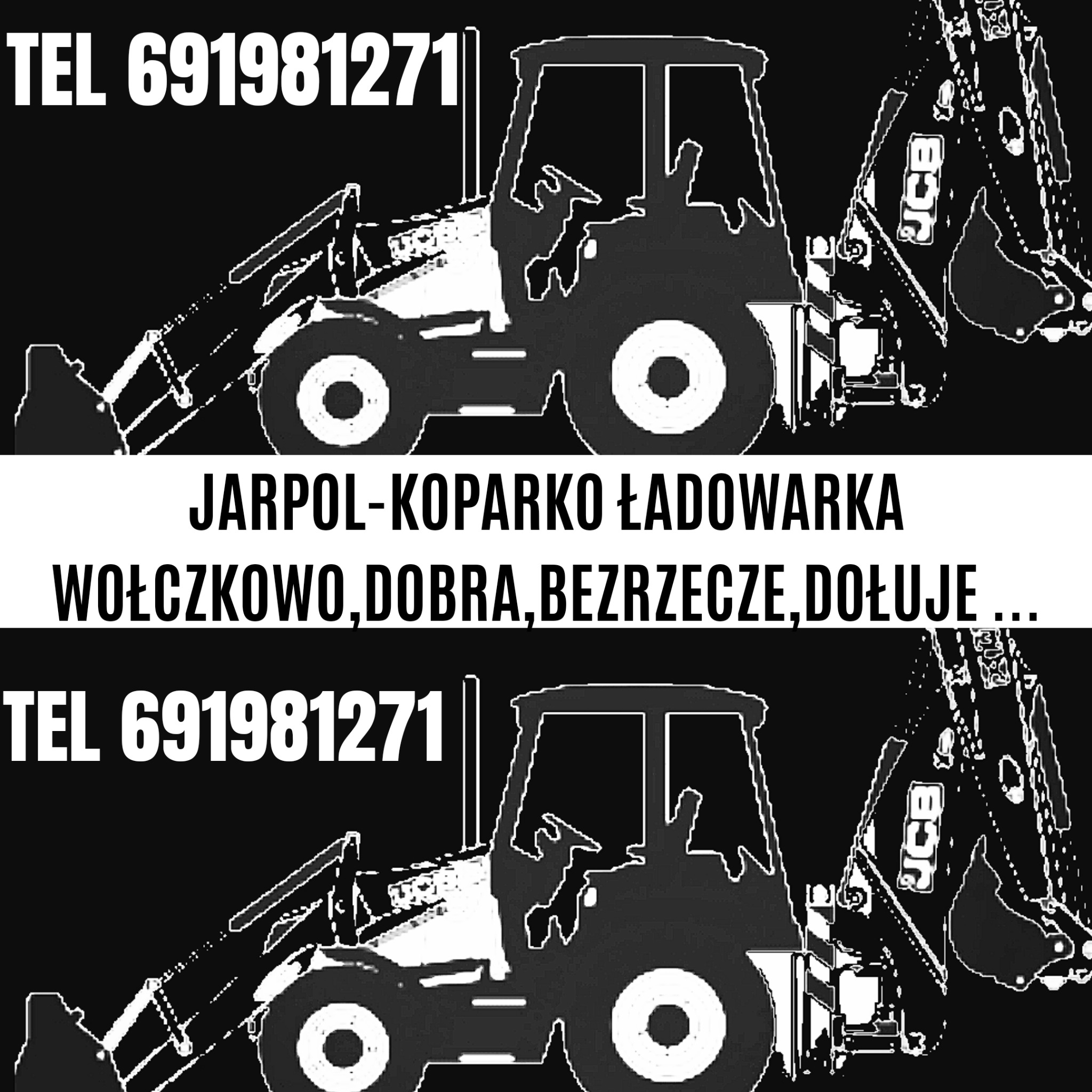 Grafika wektorowa koparko-ładowarki JCB na czarnym tle, z białymi konturami i tekstem informacyjnym o firmie JARPOL-KOPARKO ŁADOWARKA oraz numerem telefonu.
