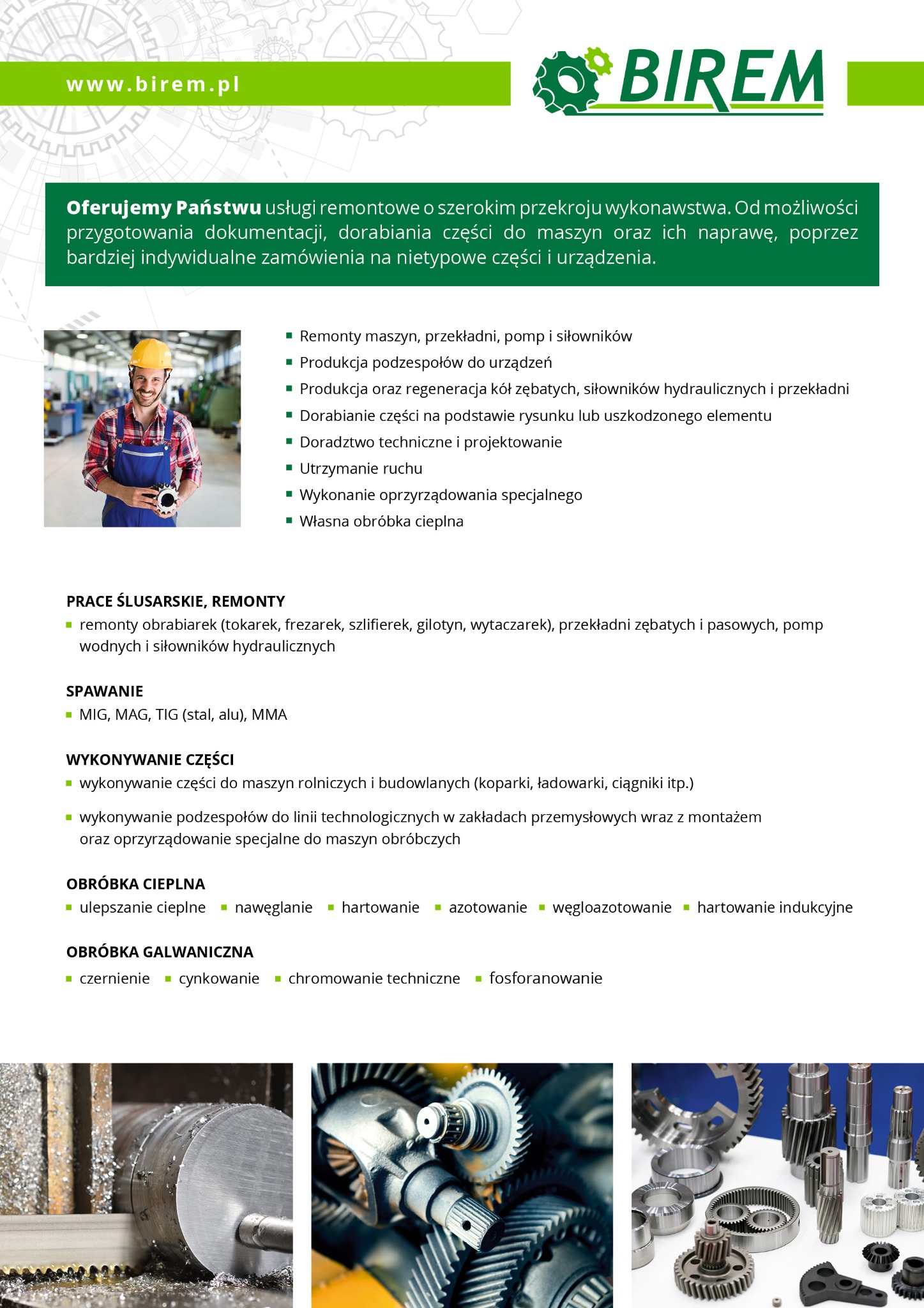 Zdjęcie reklamowe firmy oferującej usługi remontu maszyn i dorabiania części, prezentujące pracownika w kasku i kombinezonie trzymającego przekładnię zębatą oraz przykłady wykonanych elementów...