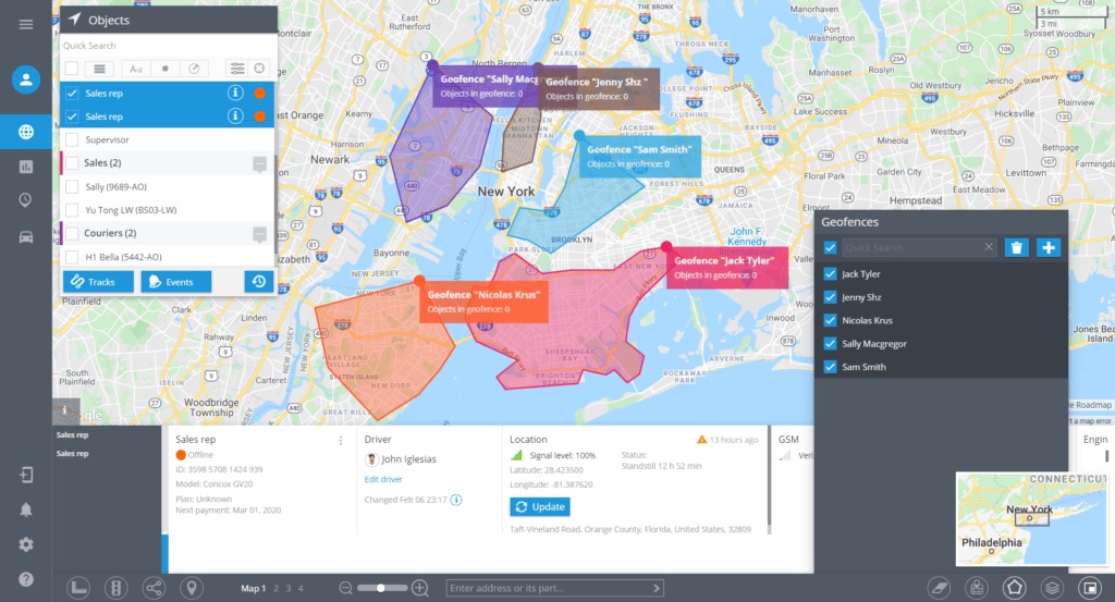 Mapa cyfrowa z zaznaczonymi obszarami (geofences) oznaczonymi kolorami i nazwami, przedstawiająca lokalizacje pojazdów (Sales rep, Couriers) w Nowym Jorku, z informacjami o statusie sygnału GPS...