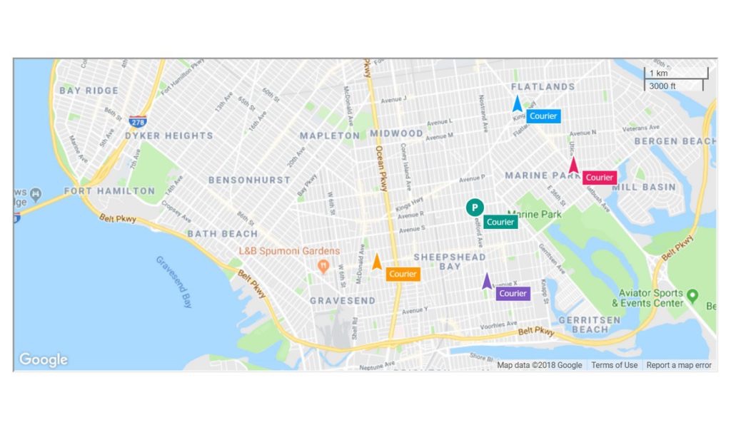 Mapa fragmentu Brooklynu z zaznaczonymi lokalizacjami kurierów, widoczne dzielnice: Bay Ridge, Dyker Heights, Fort Hamilton, Bensonhurst, Bath Beach, Gravesend, Sheepshead Bay, Marine Park...