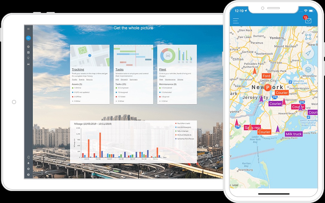Aplikacja monitoringu GPS pojazdów wyświetlana na tablecie i smartfonie, prezentująca mapę z lokalizacjami pojazdów w Nowym Jorku oraz statystyki dotyczące floty i zadań.