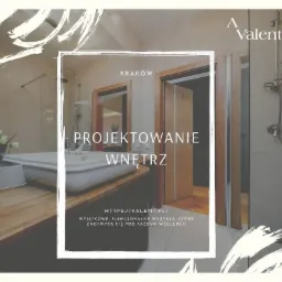 Wizualizacja projektu łazienki w Krakowie z umywalką nablatową na drewnianym blacie, kabiną prysznicową i drzwiami z drewnianą ościeżnicą, z nakładką graficzną zawierającą napis 'Projektowanie...