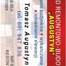 Wizytówka firmy remontowo-budowlanej 'Augustyn' z ofertą docieplania budynków, wykańczania poddaszy i odnawiania elewacji, zawierająca adres i numer telefonu.