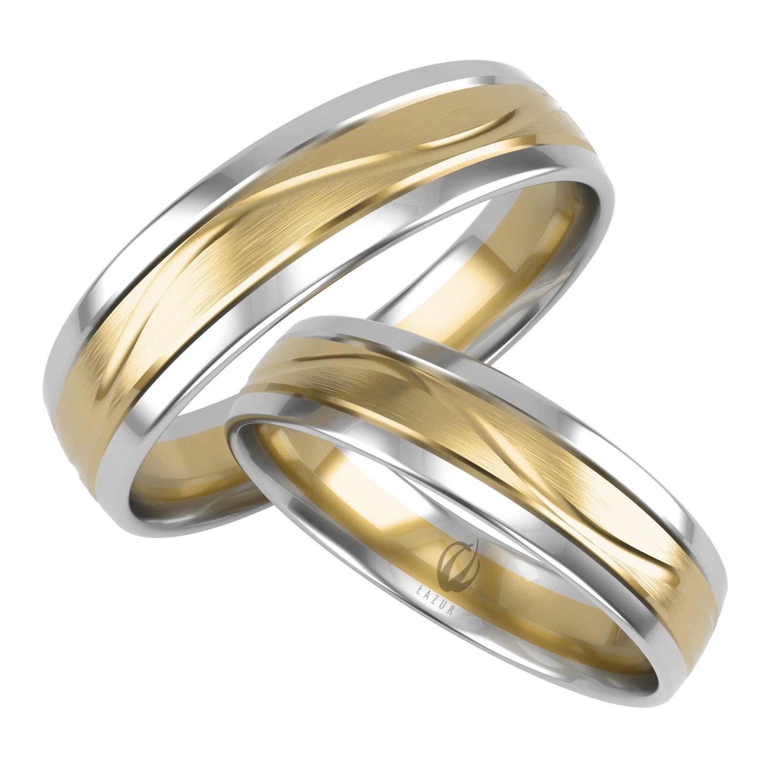 Dwie obrączki ślubne z białego i żółtego złota, z delikatnym, falistym wzorem na żółtym tle i logo firmy ŁAZUR na wewnętrznej stronie jednej z obrączek, na białym tle.