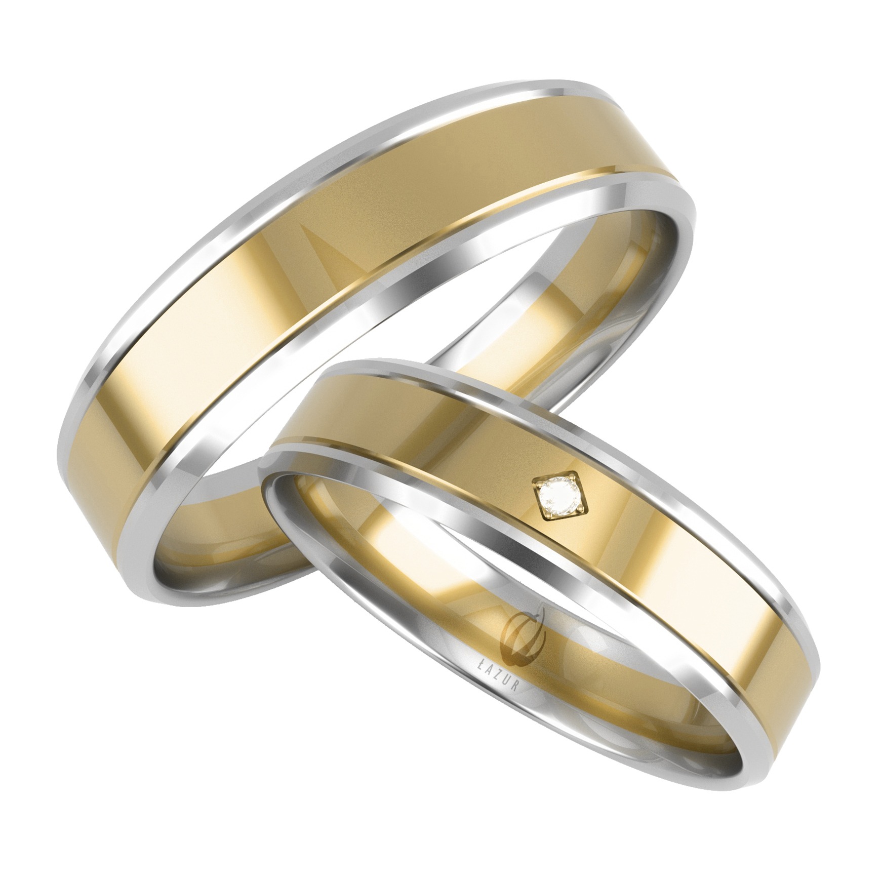 Dwa eleganckie, dwukolorowe obrączki: złota i srebrna, jedna z małym kwadratowym diamentem, na białym tle, widoczne logo firmy Łazur.
