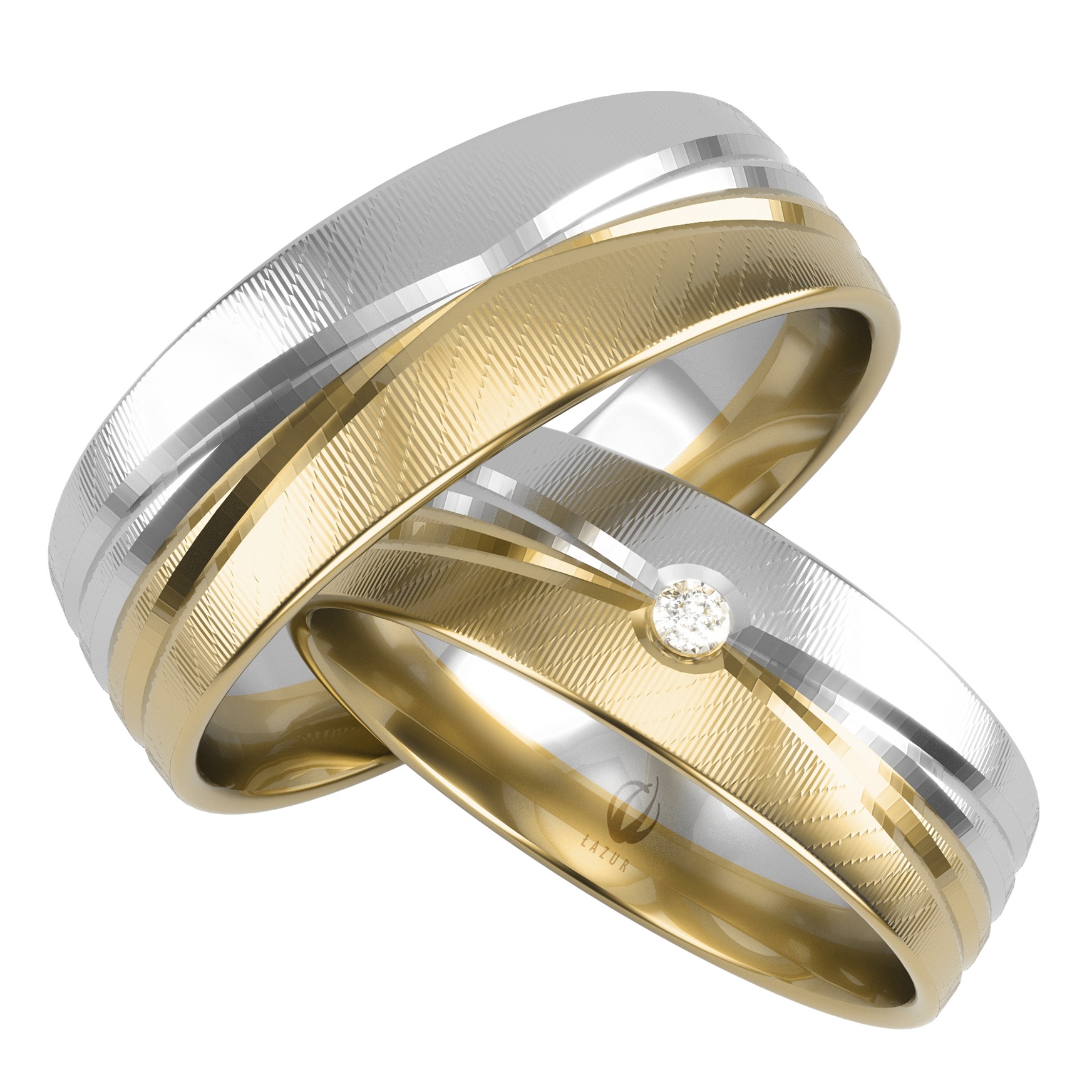 Dwa obrączki ślubne z białego i żółtego złota, jedna z pojedynczym brylantem, na białym tle.