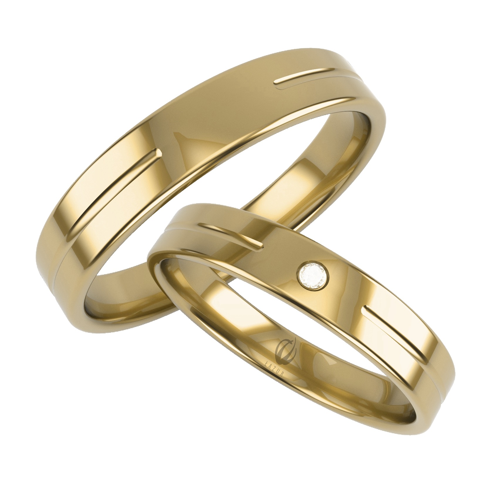 Dwa złote pierścionki ślubne z delikatnym zdobieniem, jeden z małym brylantem, na białym tle.