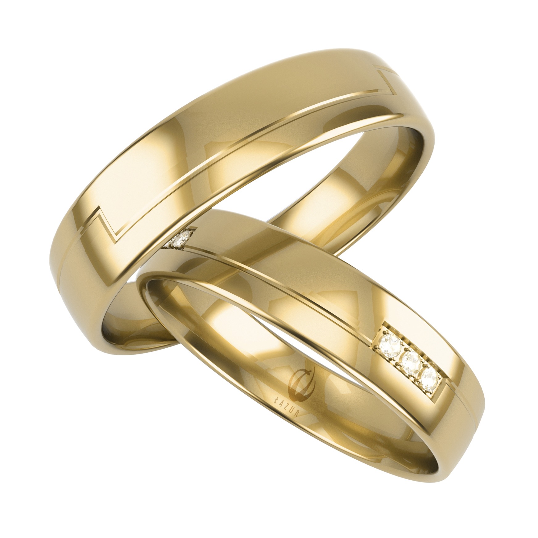 Dwa złote obrączki ślubne z diamentami, ułożone blisko siebie, z widocznym logo marki 'Łazur' na jednej z nich.