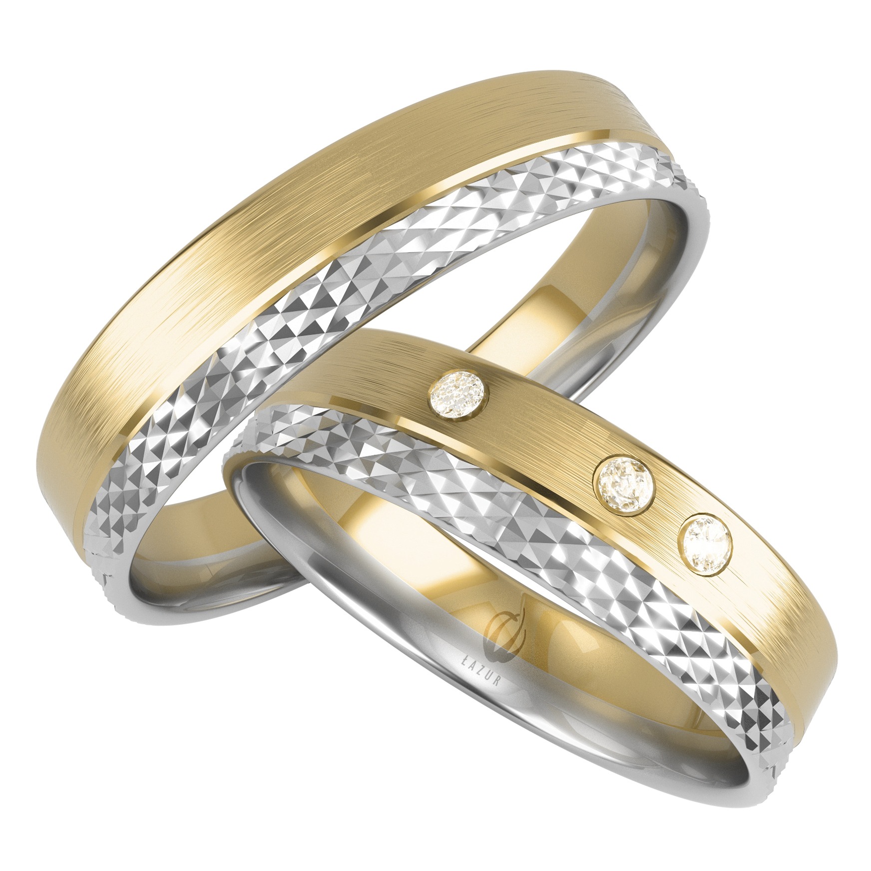 Dwa złote i srebrne obrączki z brylantami na białym tle, z widocznym logo Łazur.