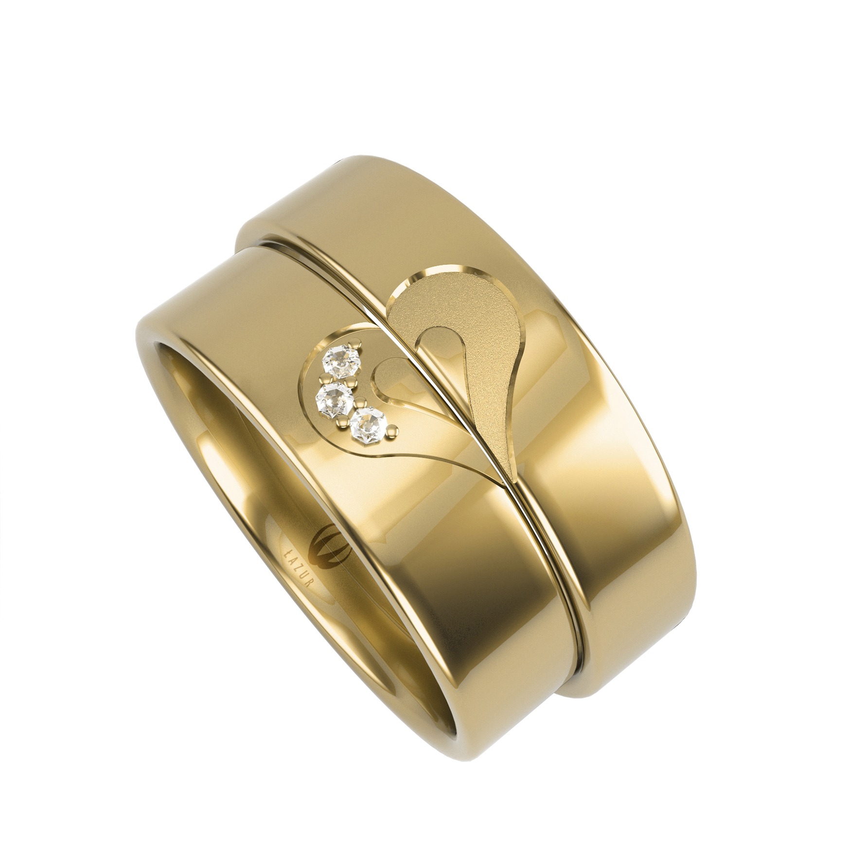 Zestaw złotych obrączek z motywem serca i trzema diamentami, leżących obok siebie, z widocznym logo producenta Łazur.