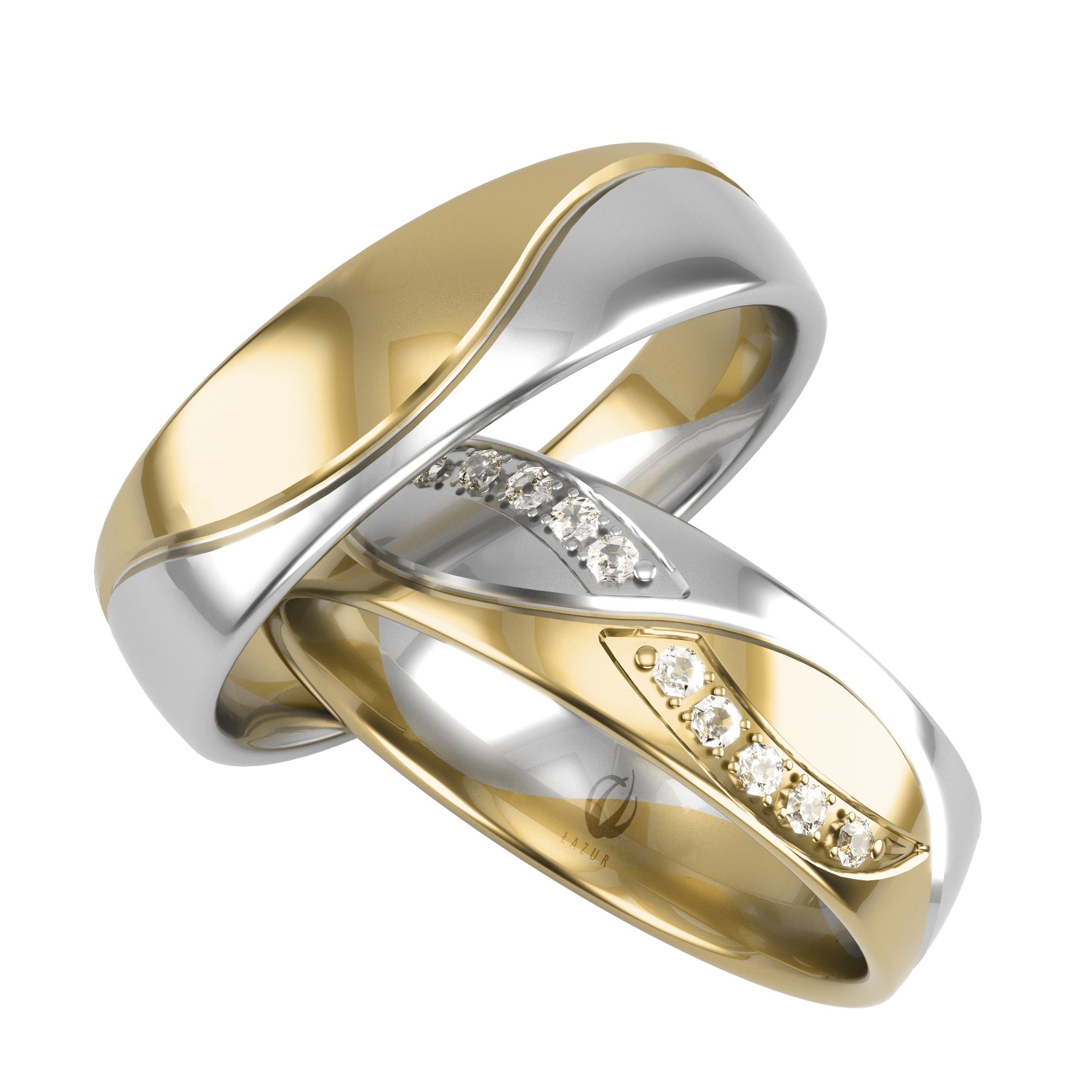 Dwa pierścionki ślubne z białego i żółtego złota, zdobione rzędem brylantów, ustawione pod kątem na białym tle, z widocznym logo producenta 'ŁAZUR'.