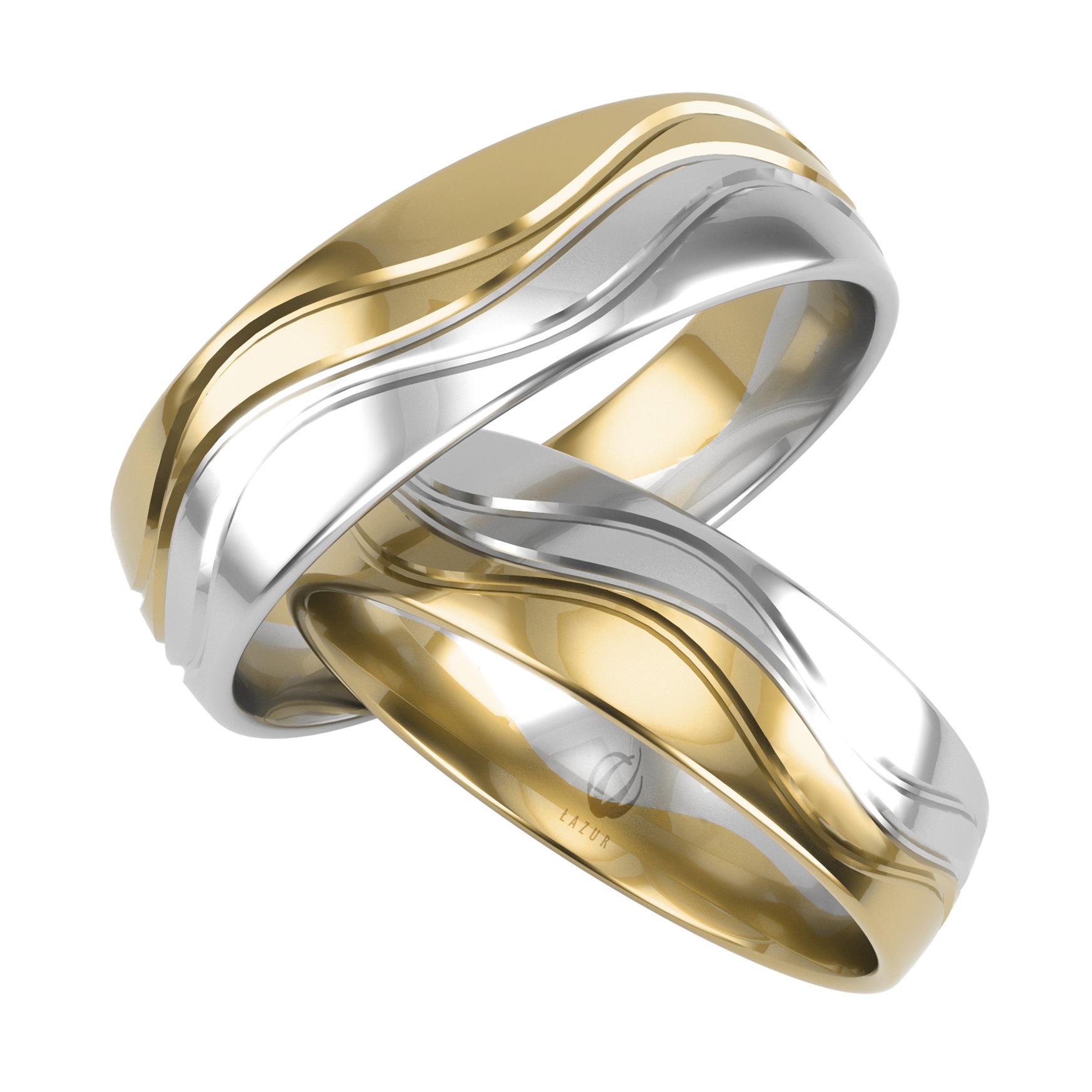 Dwa obrączki ślubne: złota i srebrna z falistym wzorem, nakładające się na siebie, z widocznym logo firmy Łazur na jednej z nich.