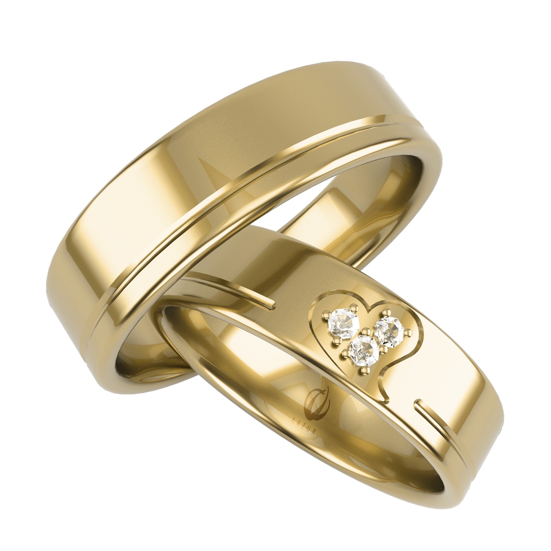 Dwie złote obrączki ślubne, jedna z trzema brylantami w kształcie serca i wygrawerowanym logo Lazur, na białym tle.