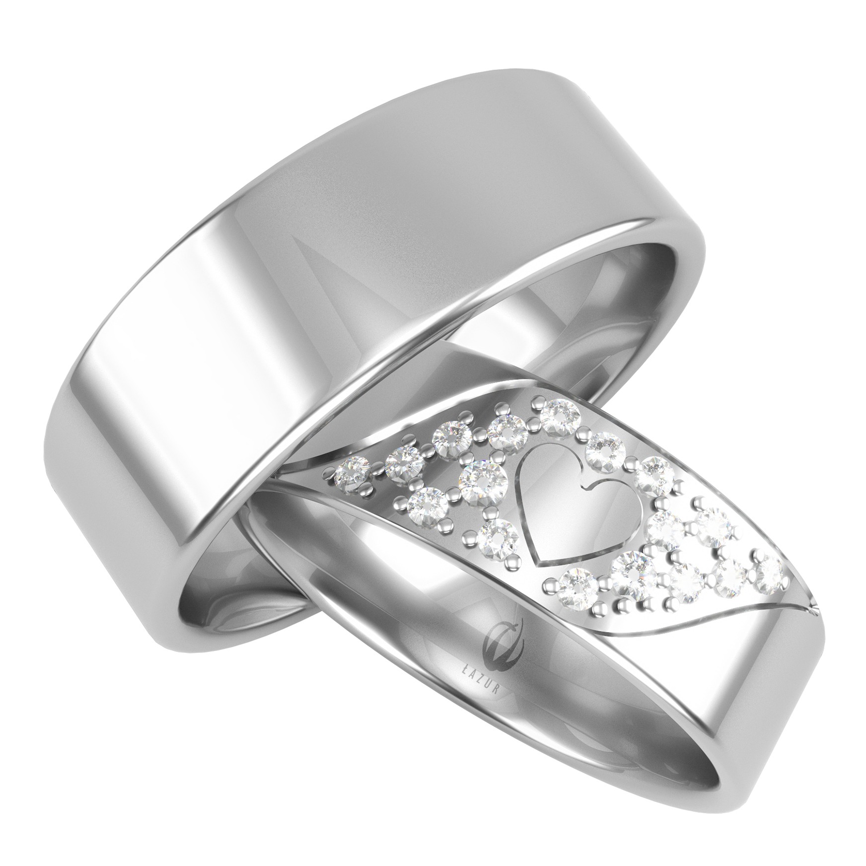 Dwa srebrne obrączki ślubne: gładka i zdobiona sercem z brylantami, na białym tle.