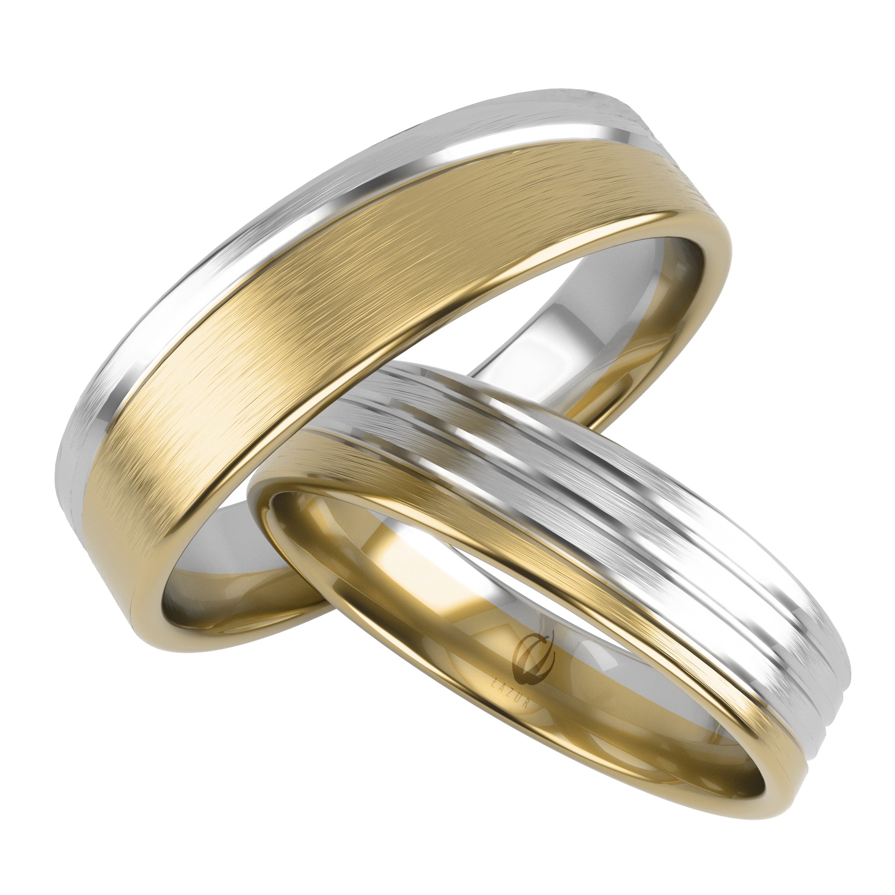 Dwa pierścionki ślubne: jeden złoty z matową fakturą, drugi srebrny z rowkami, splecione ze sobą na białym tle, widoczne logo 'LAZUR' na złotym pierścionku.