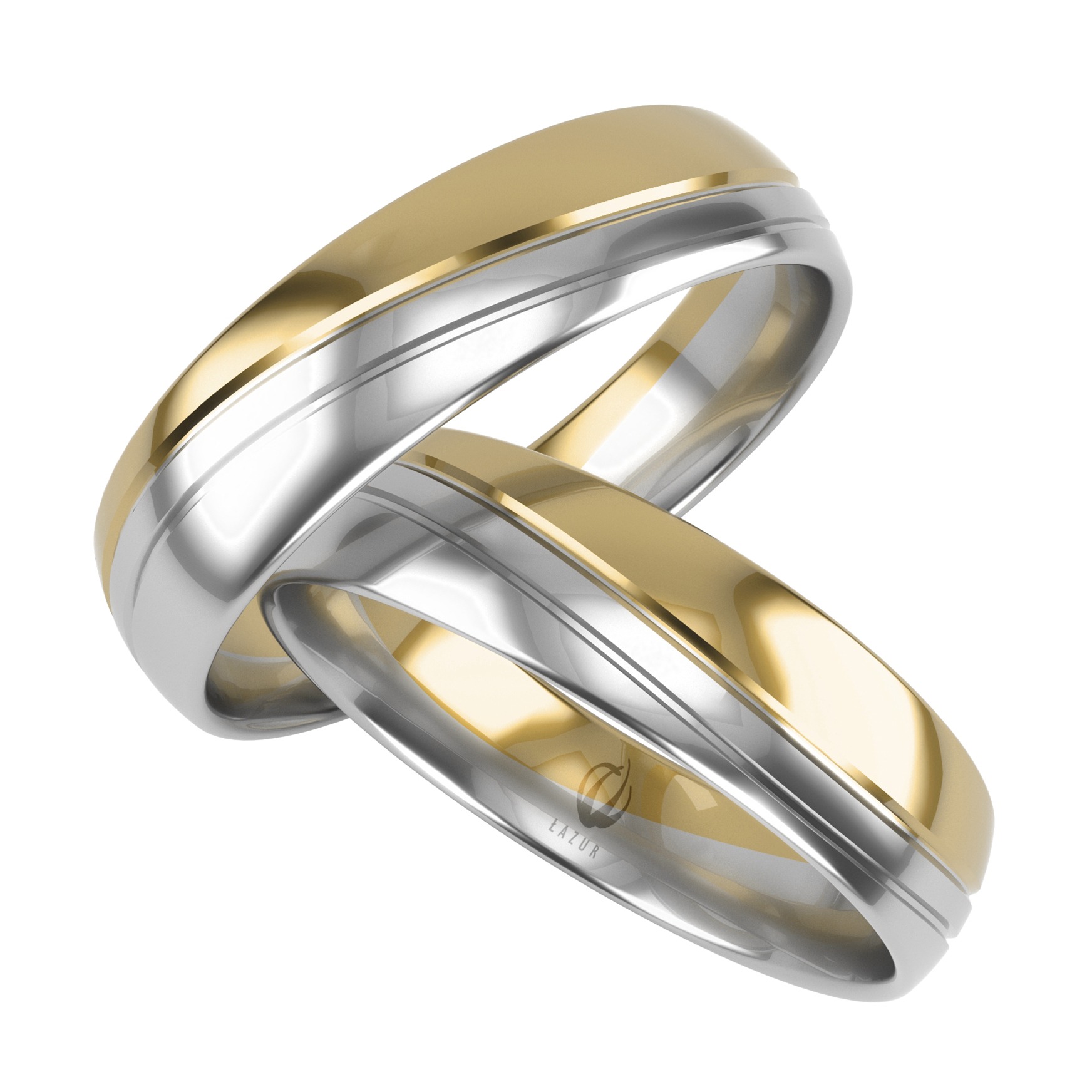 Dwa obrączki ślubne, złota i srebrna, z logo firmy Łazur na jednej z nich, na białym tle.