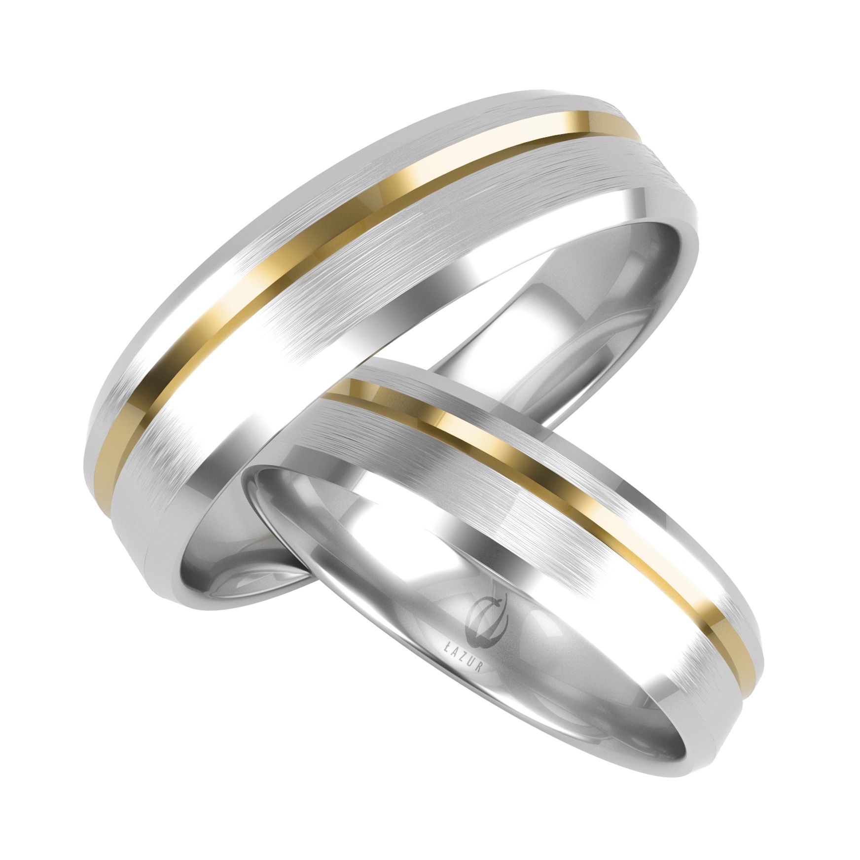 Dwa srebrne obrączki z matowym wykończeniem i złotym paskiem, ułożone blisko siebie na białym tle, widoczne logo jubilerskie.
