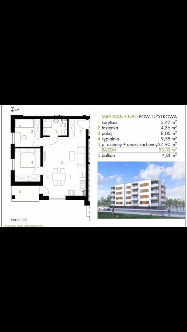 Rzut mieszkania nr 17 z wymiarami pomieszczeń oraz wizualizacja budynku wielorodzinnego z balkonami.