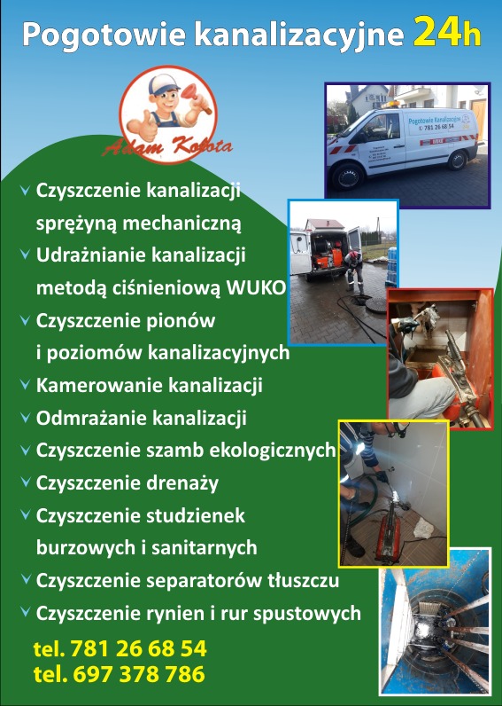 Plakat reklamowy usług kanalizacyjnych 24h z ilustracjami: samochód serwisowy, pracownik udrażniający rury metodą WUKO, wnętrze studzienki kanalizacyjnej oraz schematyczny rysunek hydraulika...