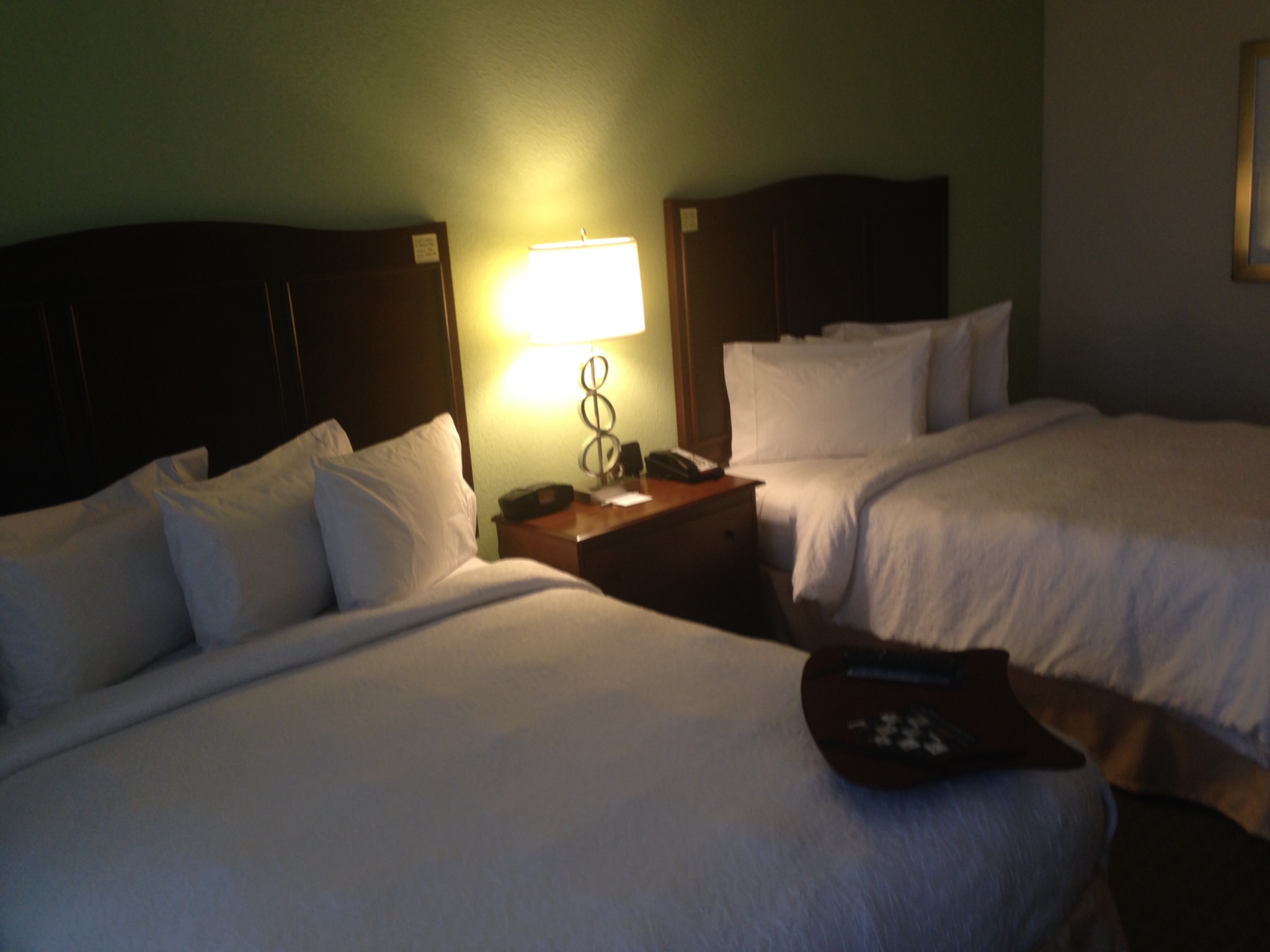 Pokój hotelowy z dwoma łóżkami pojedynczymi, stolikiem nocnym z lampką i telefonem, utrzymany w stonowanej kolorystyce z zielonymi ścianami.