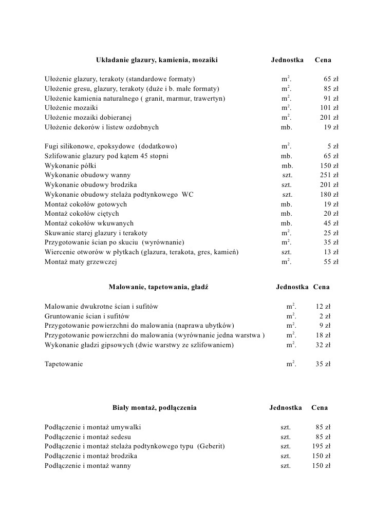 Cennik usług remontowych, obejmujący układanie glazury, kamienia, mozaiki, malowanie, tapetowanie, gładzie oraz biały montaż i podłączenia z wyszczególnionymi cenami jednostkowymi.