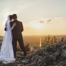 Para młoda obejmuje się na skalistym wzgórzu podczas zachodu słońca, w tle rozległy krajobraz.