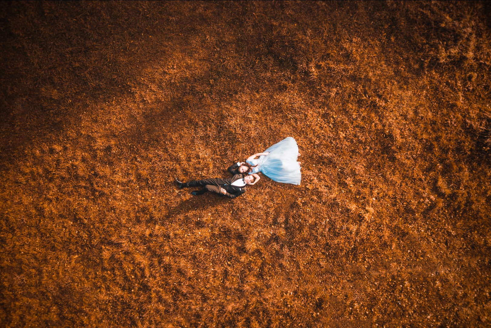 Para młoda leżąca na brązowym polu, widok z lotu ptaka, panna młoda w błękitnej sukni, pan młody w czarnym garniturze.