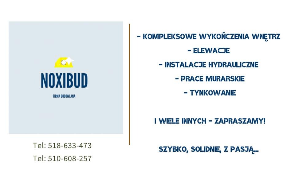 Logo firmy budowlanej Noxibud z żółtym kaskiem i gwiazdą, oferującej kompleksowe wykończenia wnętrz, elewacje, instalacje hydrauliczne, prace murarskie i tynkowanie. Zawiera numery telefonów...