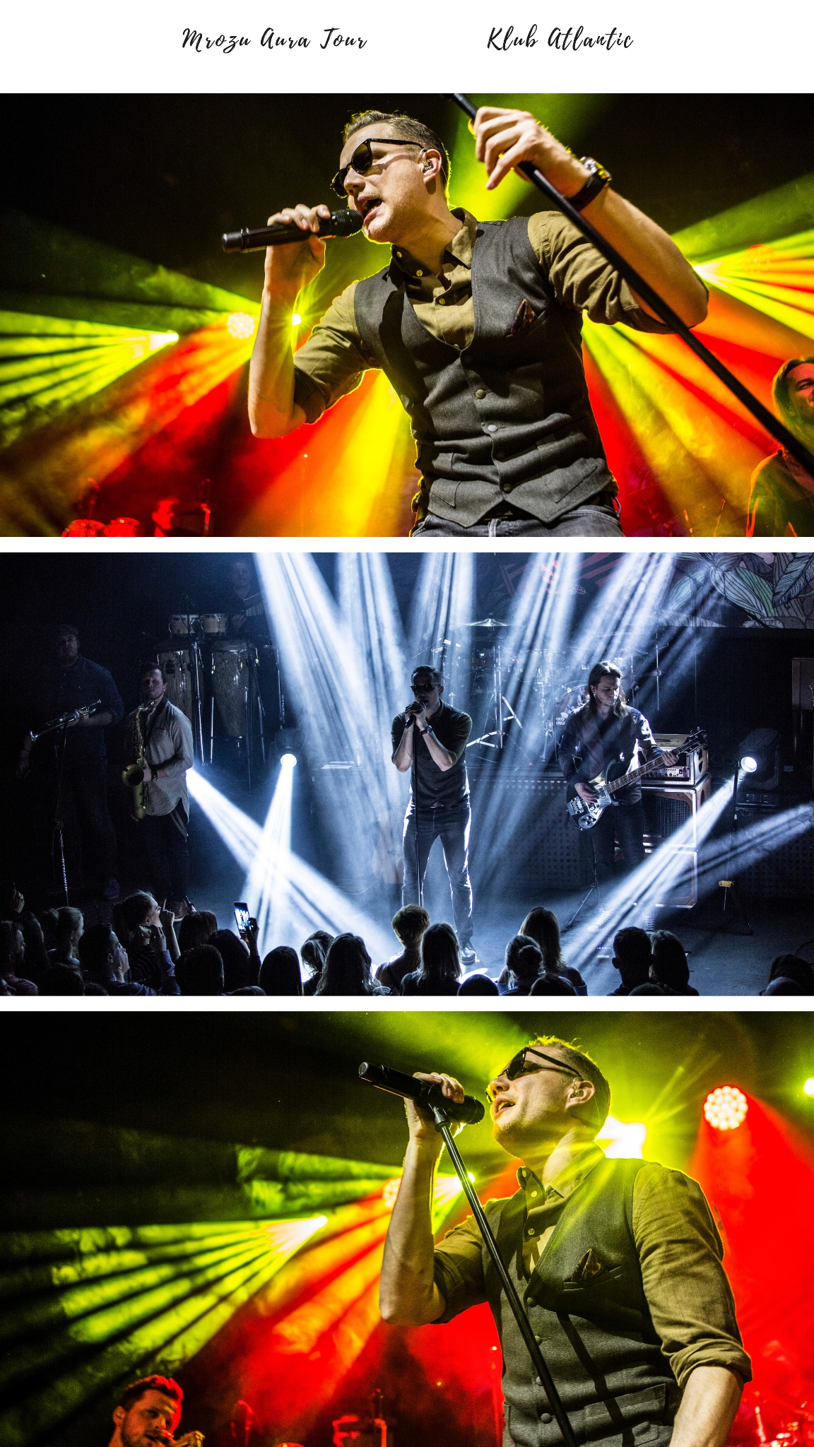 Wokalista z mikrofonem w ręku, na scenie, w okularach przeciwsłonecznych, oświetlony reflektorami podczas koncertu.