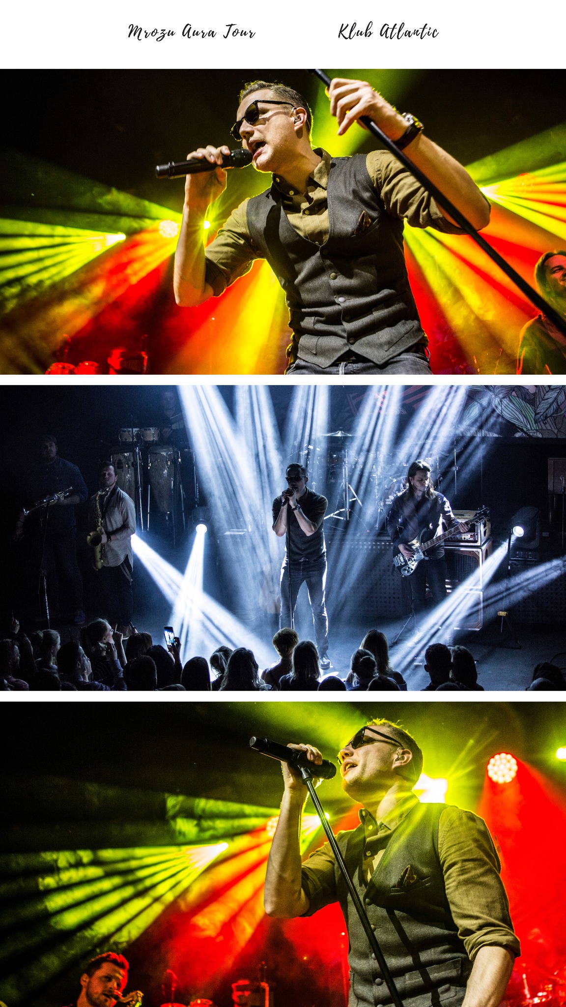 Wokalista w okularach przeciwsłonecznych śpiewa do mikrofonu na scenie podczas koncertu z zespołem w tle, oświetlony kolorowymi światłami.