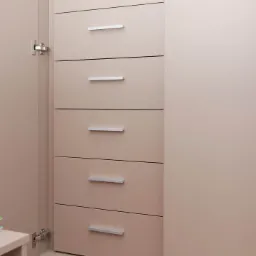 Wnętrze szafy wnękowej z pięcioma szufladami w odcieniach beżu, z minimalistycznymi, poziomymi uchwytami, widoczne zawiasy drzwi i fragment podłogi z paneli.