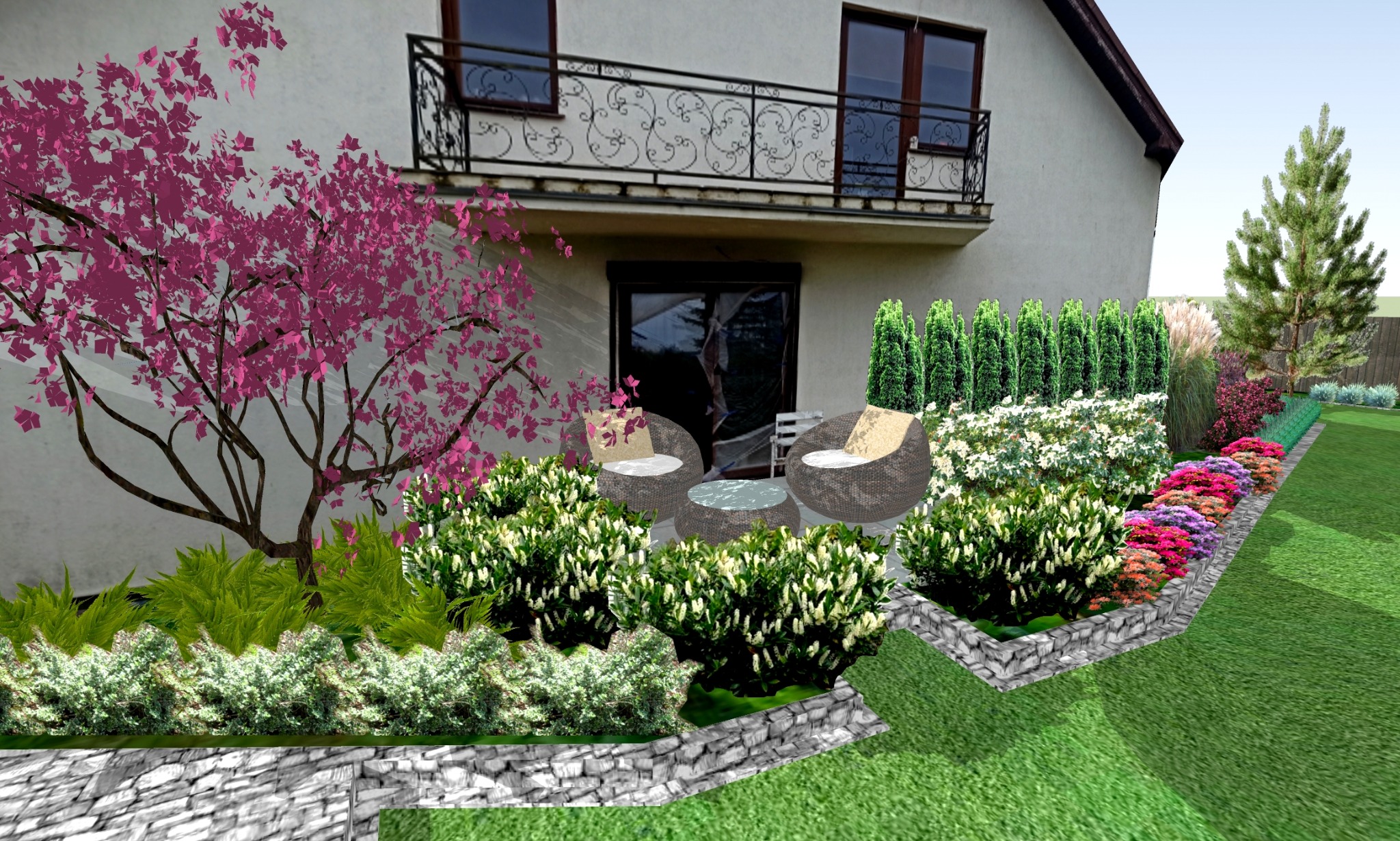 Wizualizacja ogrodu przydomowego z kwitnącym różowym drzewem, meblami ogrodowymi z rattanu i rabatami kwiatowymi wzdłuż ścieżki.