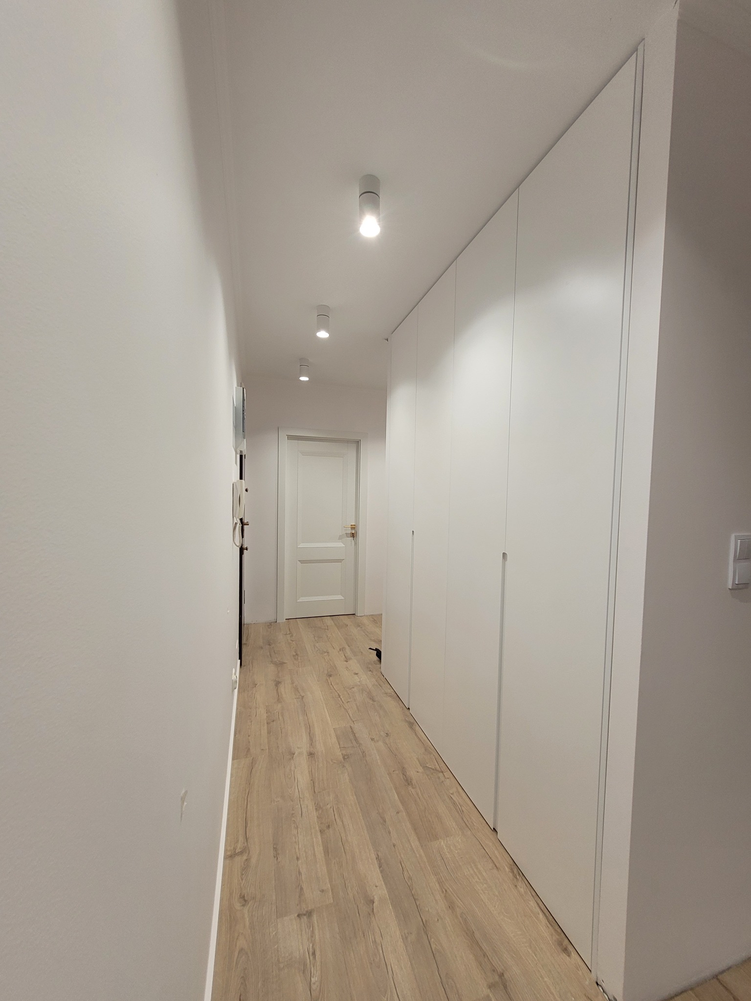 Biała szafa wnękowa z minimalistycznymi uchwytami, wkomponowana w korytarz z panelami podłogowymi i oświetleniem punktowym. Widok z perspektywy.
