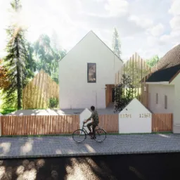 Wizualizacja nowoczesnego domu jednorodzinnego z białymi ścianami i drewnianym ogrodzeniem, mężczyzna na rowerze przejeżdża obok.