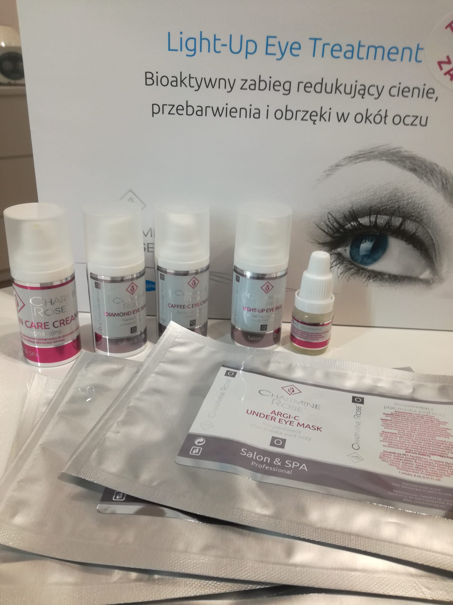 Zestaw kosmetyków do pielęgnacji okolic oczu marki Charmine Rose, zawierający kremy, serum, peeling i maski w saszetkach, prezentowany na białym tle z wizerunkiem oka i tekstem informacyjnym...