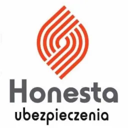 Logo firmy ubezpieczeniowej Honesta z abstrakcyjnym, czerwonym symbolem płomienia lub serca powyżej nazwy firmy.