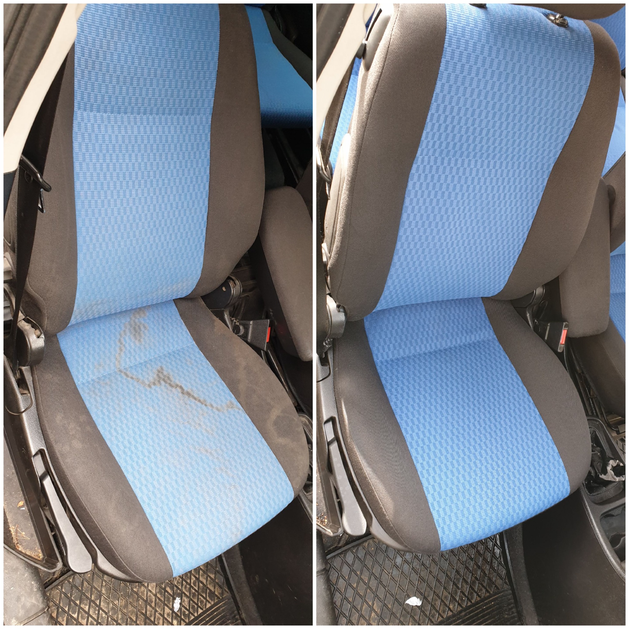 Porównanie fotela samochodowego przed i po czyszczeniu: po lewej widoczne zabrudzenia na jasnoniebieskiej tapicerce, po prawej fotel po usunięciu plam, ukazujący czystą, wzorzystą tkaninę.