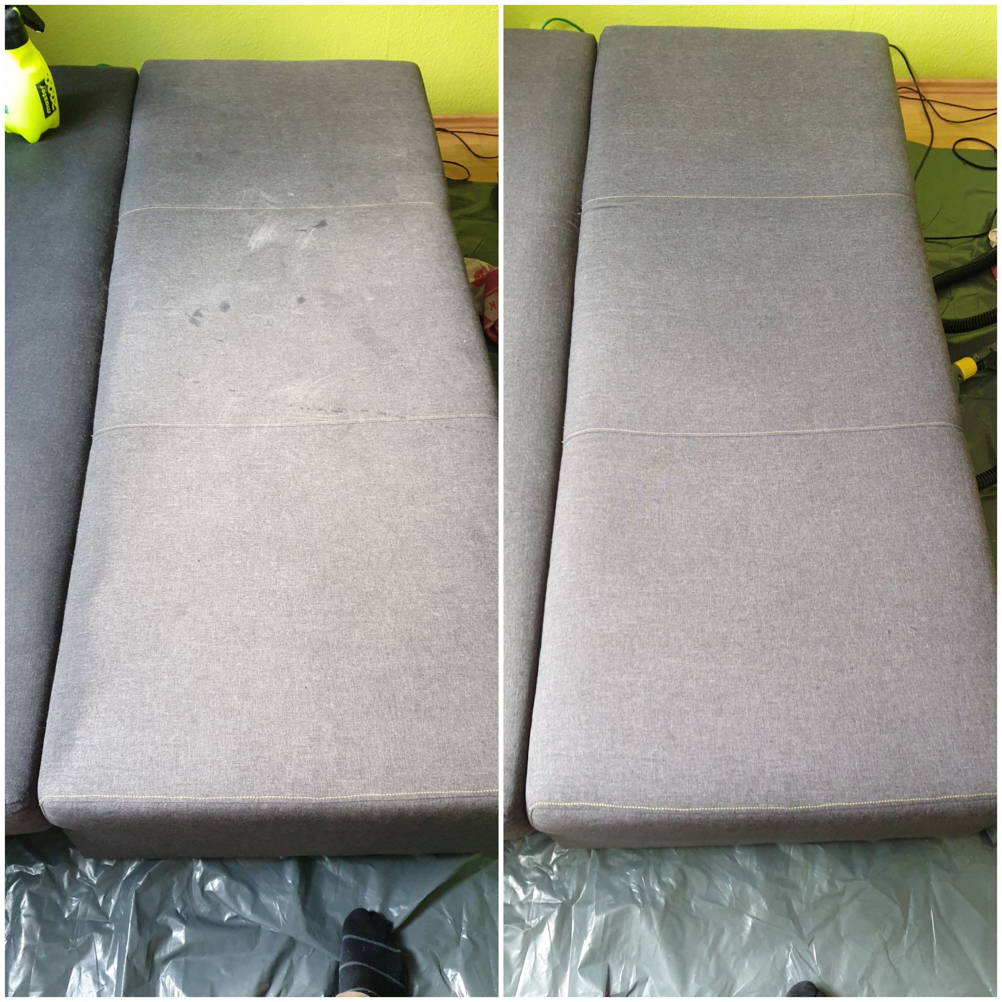Porównanie stanu sofy przed i po czyszczeniu: widoczne plamy i zabrudzenia na lewej części oraz czysta, odświeżona powierzchnia po prawej stronie. Sofa zabezpieczona folią ochronną.