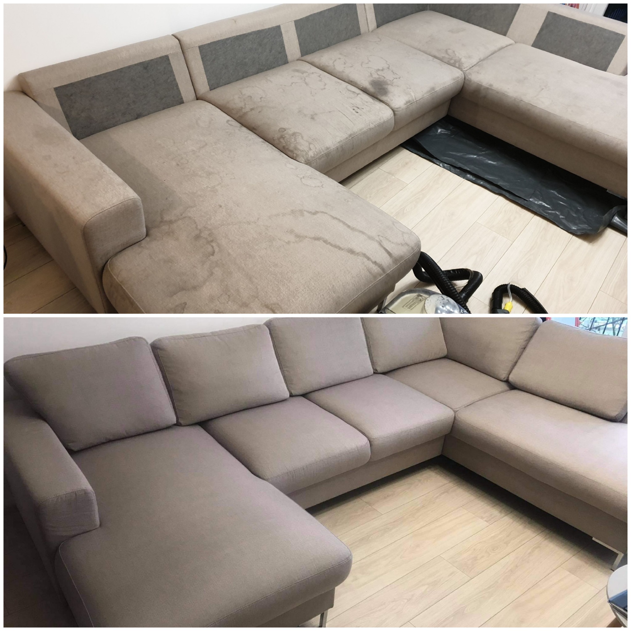 Porównanie: narożnik tapicerowany przed i po czyszczeniu, widoczne plamy usunięte, sprzęt do prania tapicerki obok, podłoga zabezpieczona folią.