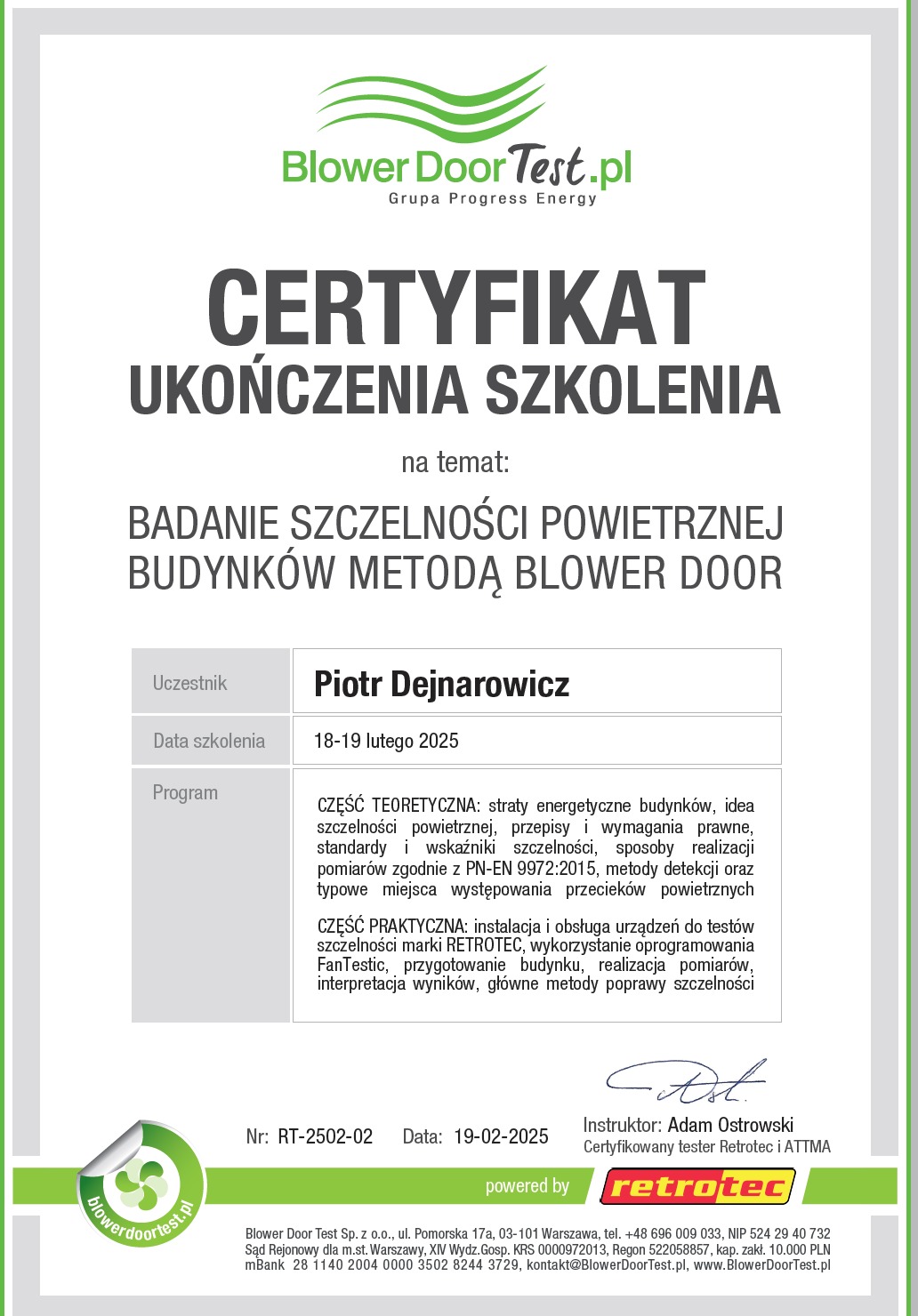 Certyfikat ukończenia szkolenia Badanie Szczelności Budynków Metodą Blower Door