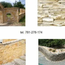 Prezentacja elementów architektury ogrodowej wykonanych z piaskowca, łupka i kamienia ogrodowego: brama z łukiem, fragment ściany z okrągłym oknem, zbliżenie na elewację z piaskowca oraz obrzeże...
