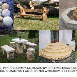 Kompozycja kolażu prezentująca różnorodne wyroby z kamienia naturalnego: kule dekoracyjne na palecie, ławka z rzeźbionymi końmi, fontanna ogrodowa, grill z kamienia, zestaw mebli ogrodowych...
