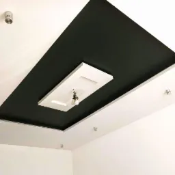 Nowoczesny sufit podwieszany z czarnym panelem i białym obramowaniem z dekoracyjnym oświetleniem w postaci żarówek na kablach.