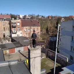 Kominiarz w tradycyjnym stroju stoi na szczycie komina z narzędziami, widok z góry na dachy budynków i podwórko w słoneczny dzień.