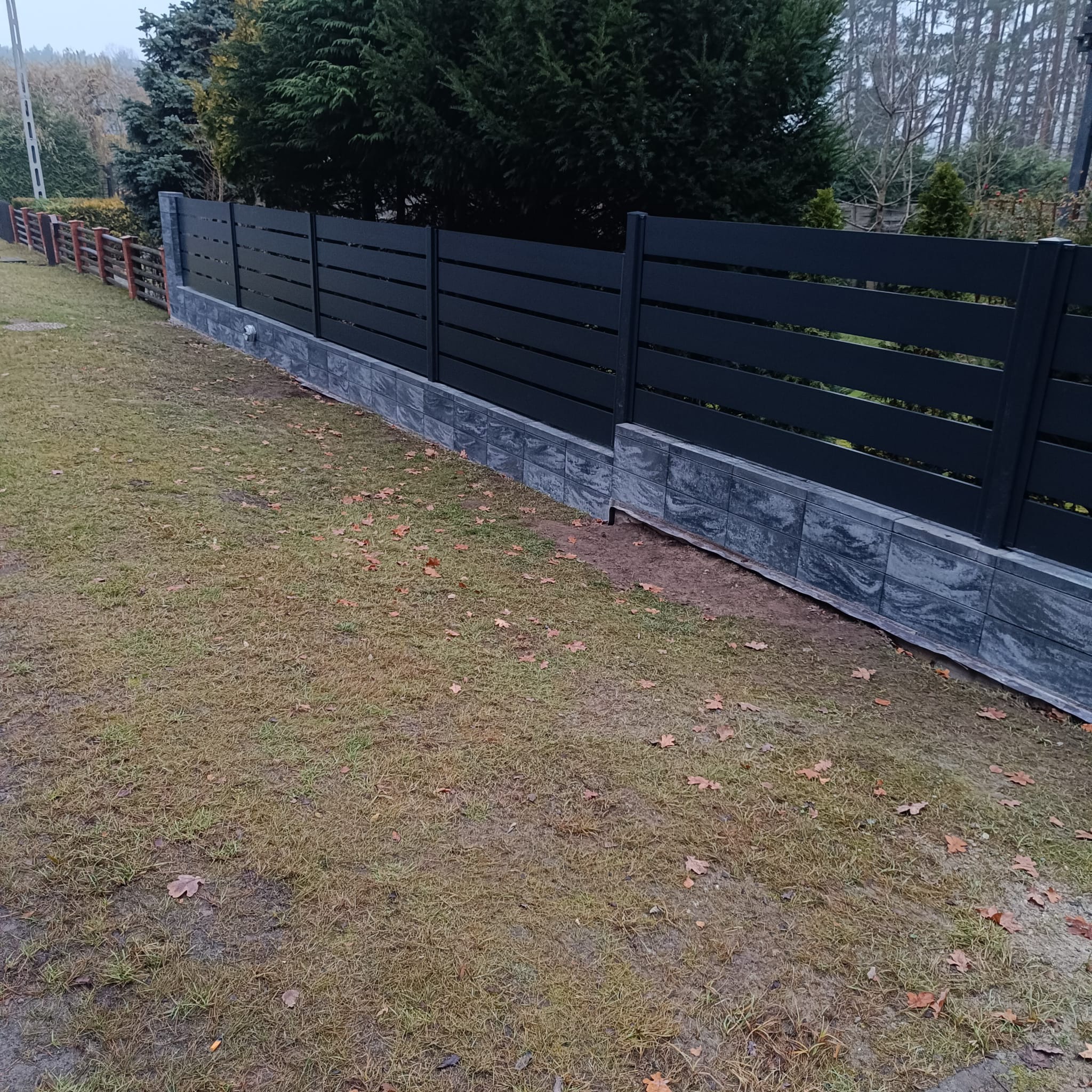 Nowoczesne, poziome, czarne panele ogrodzeniowe na fundamencie z szarej kostki. Trawa z opadłymi liśćmi, w tle drzewa iglaste i fragment starszego ogrodzenia.