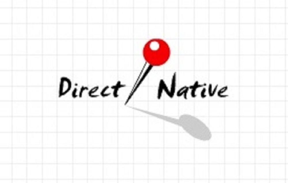Logo firmy Direct Native z czerwoną pinezką wbijającą się między słowa, na tle kratkowanej powierzchni.