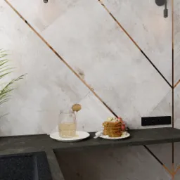 Wizualizacja kuchni w industrialnym stylu z blatem z ciemnego kamienia, geometryczną ścianą z jasnych płytek z miedzianymi wstawkami, złotą baterią, roślinami w doniczkach i dekoracyjnym słoikiem...