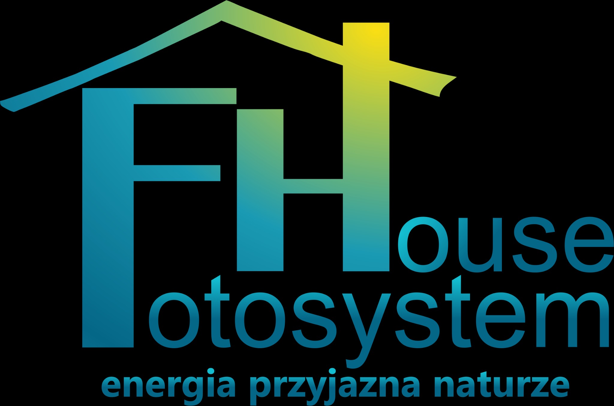 Logo firmy FHouse Fotosystem z motywem domu, gradientem od niebieskiego do żółtego i hasłem 'energia przyjazna naturze'.