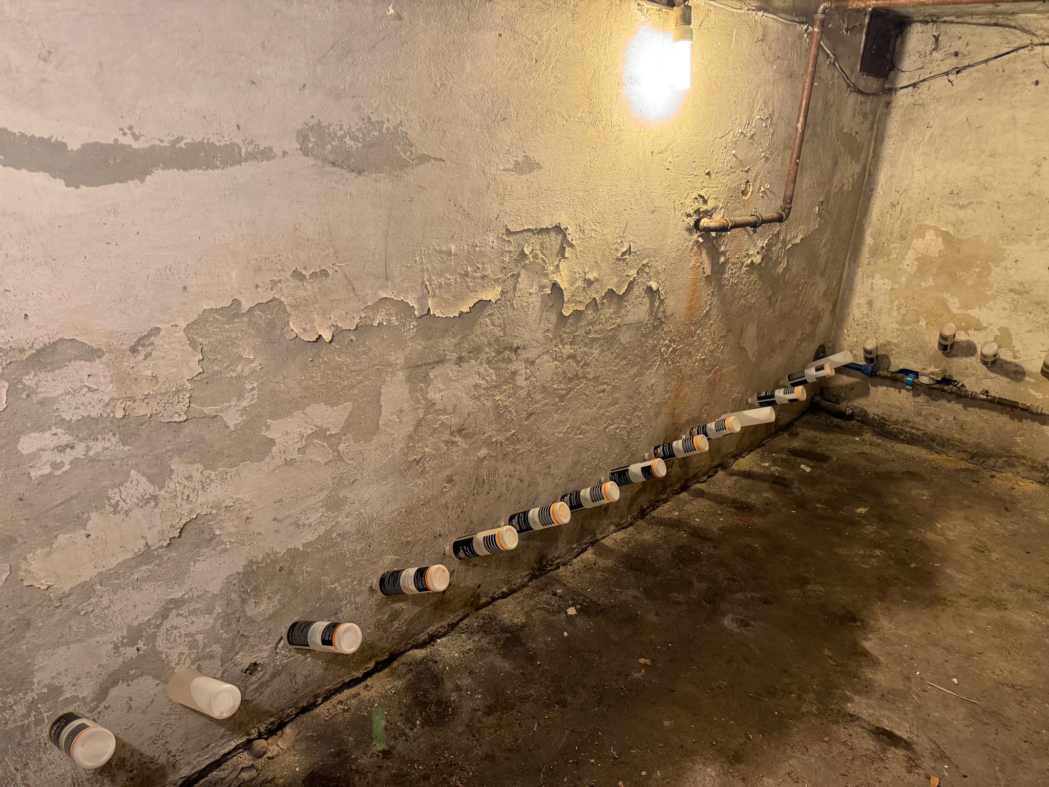 Osuszanie zawilgoconej ściany piwnicy metodą iniekcji krystalicznej, widoczne nawiercone otwory z aplikatorami preparatu do osuszania murów.